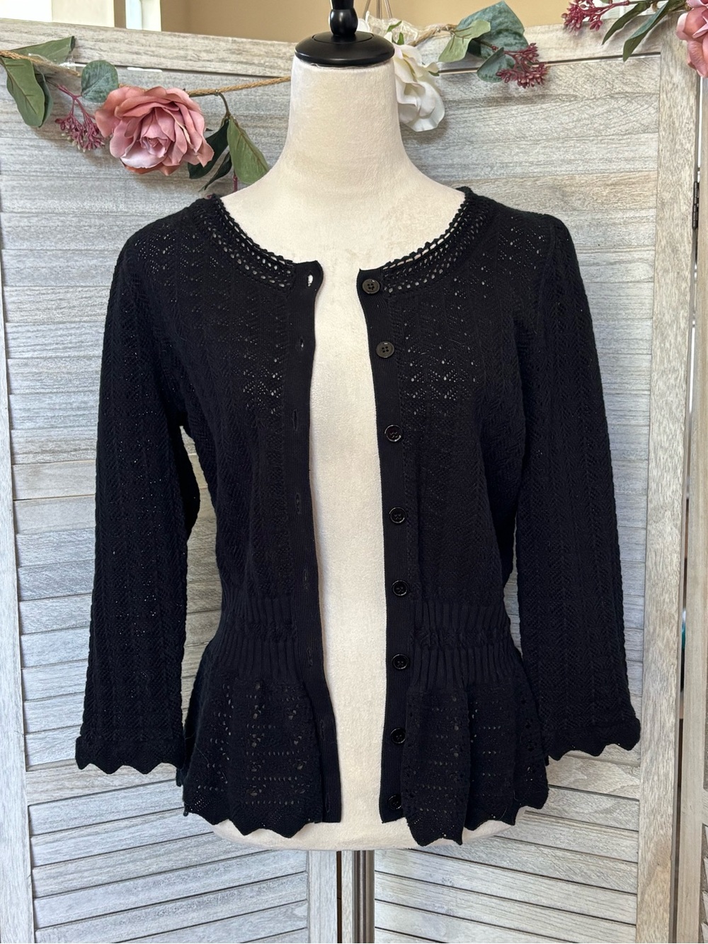 Y2K Vintage EXPRESS Black Crochet Knit Cardigan w/ Crochet Peplum, Women’s SZ LG - Picture 8 of 16